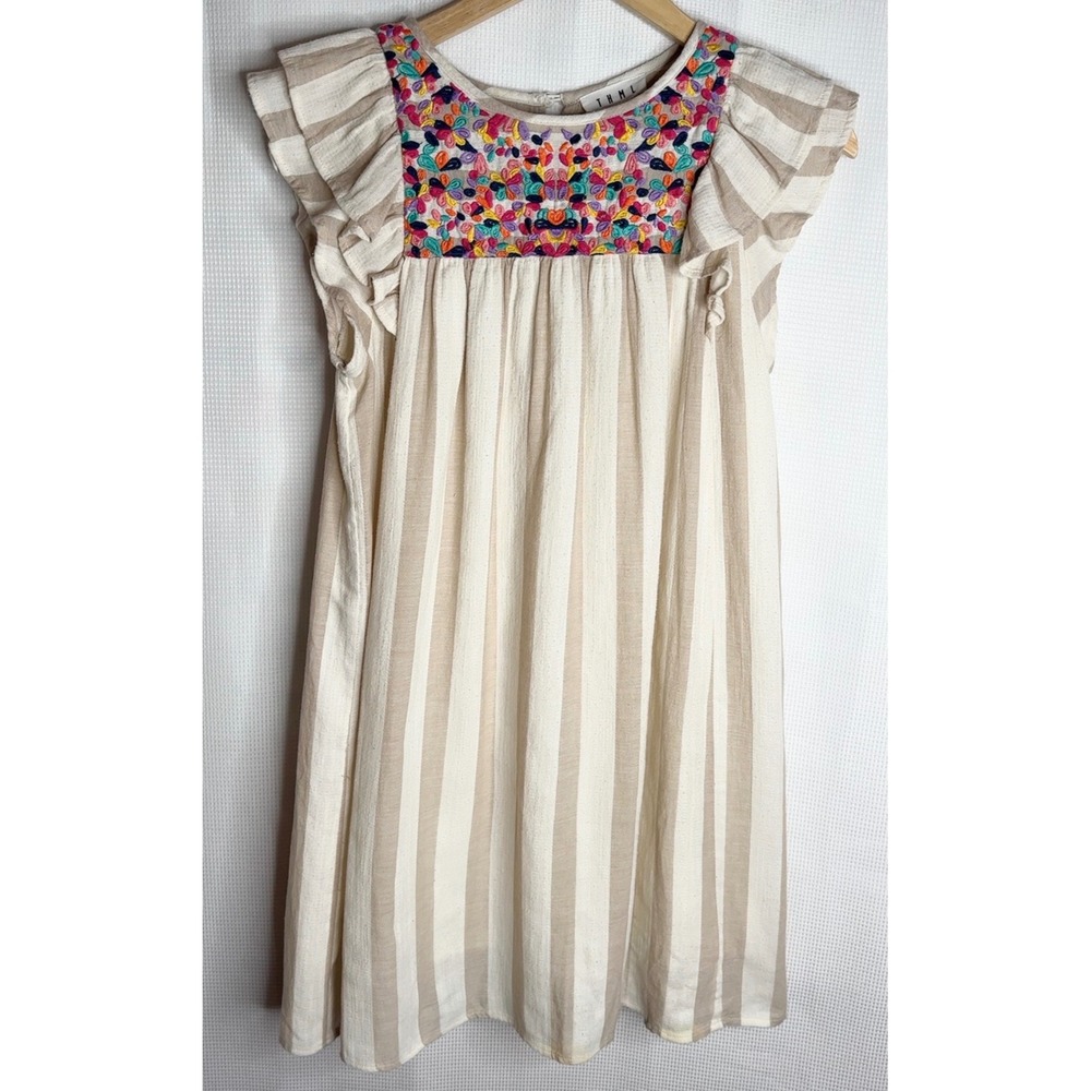 THML Womens Boho Embroidered Flutter Sleeve Striped Mini Dress Tan Cream XS